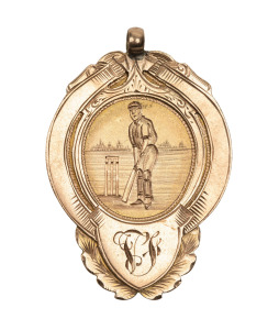 PENNANT HILLS CRICKET CLUB,&nbsp;prize fob in gold (9ct; 5.84g), by W.Kerr, ring top suspension, obverse inscribed, 'VF', reverse inscribed, 'P.H.C.C. / 1st Grade / Best Batting Av'ge. / V.Fitzroy / 1922-'23.'.&nbsp;Very fine.