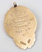 PENNANT HILLS CRICKET CLUB,&nbsp;prize fob in gold (9ct; 5.84g), by W.Kerr, ring top suspension, obverse inscribed, 'VF', reverse inscribed, 'P.H.C.C. / 1st Grade / Best Batting Av'ge. / V.Fitzroy / 1922-'23.'.&nbsp;Very fine. - 2