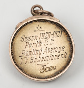 PERTH CRICKET CLUB,&nbsp;prize fob in gold (9ct; 4.32g), by SAB, ring top suspension, reverse inscribed, 'Season 1920-1921 / Perth C.C. / Bowling Average / T.V.Schemioneck'.&nbsp;Very fine. - 2