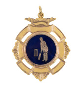 PETERBOROUGH CRICKET ASSOCIATION (South Australia), prize fob in enamel and gold (9ct; 4.73g), ring top suspension, reverse inscribed, 'P.C.A. / 1925-26 / Batting Average / under 25 Yrs / 33.1 /R.Garwood'. Extremely fine.