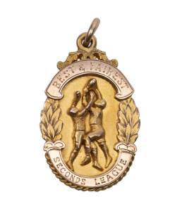 LAUNCESTON FOOTBALL CLUB, award fob in gold (10ct, 11.12g) by F & M, ring top suspension, obverse engraved "BEST & FAIREST" "SECOND LEAGUE", the reverse inscribed "ALAN WATT / MEDAL / 1933 / D. MARTYN / L.F.C."