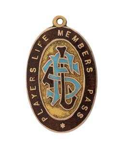 SOUTH AUSTRALIAN FOOTBALL LEAGUE life membership fob in gold (9ct; 6.45g) by Tomlinson; the obverse inscribed "PLAYERS LIFE MEMBERSHIP PASS" with "SAFL" at centre; the reverse engraved for S.PATTEN / 1923".