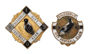 KALGOORLIE CITY FOOTBALL CLUB membership badges for 1930 by Stokes of Melbourne, and for 1936 by Cumpston, Perth; both with the club magpie mascot depicted in enamel on the obverse; numbered "23" and "63" respectively on the reverse. (2). The club is base