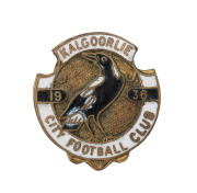 KALGOORLIE CITY FOOTBALL CLUB membership badges for 1930 by Stokes of Melbourne, and for 1936 by Cumpston, Perth; both with the club magpie mascot depicted in enamel on the obverse; numbered "23" and "63" respectively on the reverse. (2). The club is base - 4