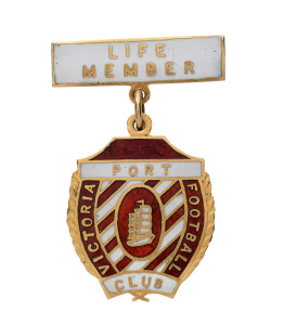 PORT VICTORIA FOOTBALL CLUB Life Member's badge with bar, both in gold (9ct; 7.98g) with enamel highlights in the club colours; the reverse engraved to "M.R. Williss 18/7/71".
