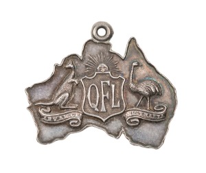 QUEENSLAND FOOTBALL LEAGUE 1912 award fob in sterling silver by A.J. Parkes; with QFL in a shield&nbsp; flanked by an emu and a wallaby on the obverse; the reverse inscribed "PREMIERS WON BY S.B.Y.A.L.F.C. / PRESENTED TO A.R. LATHER. 1912". The South Brisbane 