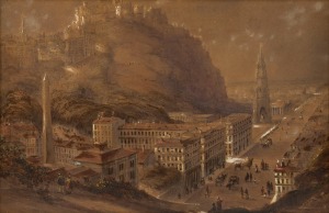 ARTIST UNKNOWN (Scottish School), Two views of Edinburgh, 19th century, watercolours on brown paper, one signed lower left (illegible), ​​​​​​​28 x 43.5cm, 35.5 x 51cm each overall