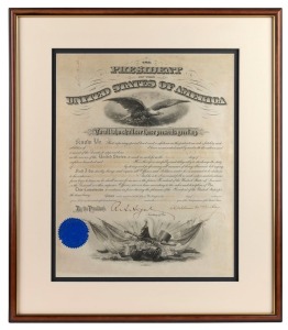 WILLIAM McKINLEY (1843-1901), 25th president of the United States, original pen signature on "The President of the United States of America" document appointing Mervyn Chandos Buckey to the title of "Second Lieutenant"; counter-signed by Robert Alger, Secretary of War, and dated 7th July, 1897. Attractively framed & glazed, overall 62 x 54cm.