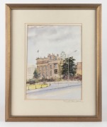 Three assorted framed pictures, including a facsimile print of Melbourne, an oil painting of Mount Warning, and a watercolour of Parliament House in Melbourne, ​​​​​​​the largest 53 x 65cm overall