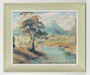Three assorted framed pictures, including a facsimile print of Melbourne, an oil painting of Mount Warning, and a watercolour of Parliament House in Melbourne, ​​​​​​​the largest 53 x 65cm overall - 2