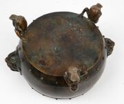 An antique Chinese bronze censer with lion mask handles and figural feet, Qing Dynasty, 19th century, 15cm high, 27cm across the handles - 5