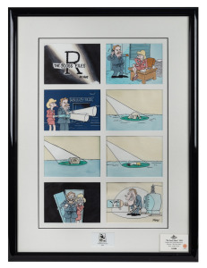 The Footy Show 1996 original pen and ink multi-section artwork for the episode 'The Ross Files', by artist Andrew Fyfe, with CoA, framed and glazed, 90.5 x 67.5cm overall. Oakley is depicted investigating the cause of the blackout at Waverley Park, with J
