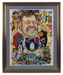 An original artwork created for the occasion of Ross Oakley's retirement as AFL CEO, depicting details of his career going back to the 1962-66 years as a St Kilda footballer, his position as Hawthorn VFL director 1983-85, his chairmanship of the VFL/AFL Commission 1986-93, his role in the development of the racial vilification code of conduct, and his championing of club mergers and expansions; framed and glazed, 87 x 70cm overall.