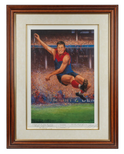 A print of the well-known image of Ron Barassi by d'Arcy W. Doyle, framed and glazed, 90 x 71cm overall; endorsed to Ross by the artist, and signed, dated 11/7/96, and endorsed "A Mighty effort for Footy: Ross the Boss - thank you from a footy fan - Ron Barassi".