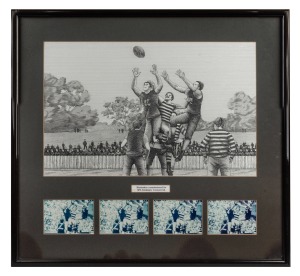 AFL CENTENARY: Original ink illustration commissioned for television advertisement during the AFL Centenary year, with the artist's four window-mounted reference photographs arrayed at bottom; framed and glazed, 66.5 x 61.5cm overall.