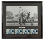 AFL CENTENARY: Original ink illustration commissioned for television advertisement during the AFL Centenary year, with the artist's four window-mounted reference photographs arrayed at bottom; framed and glazed, 66.5 x 61.5cm overall.