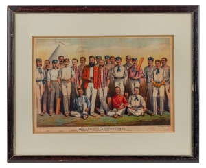 Original c. 1880s lithograph 'Famous English Cricketers' by Willatt & Grover Lithos Nottingham, with player names J. Selby, G Ulyett, W.R. Gilbert, A.N. Hornby, A.P. Lucas, W. Oscroft, R. Daft, A.J. Webbe, E. Lockwood, and F. Morley printed at bottom, fra