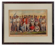 Original c. 1880s lithograph 'Famous English Cricketers' by Willatt & Grover Lithos Nottingham, with player names J. Selby, G Ulyett, W.R. Gilbert, A.N. Hornby, A.P. Lucas, W. Oscroft, R. Daft, A.J. Webbe, E. Lockwood, and F. Morley printed at bottom, fra