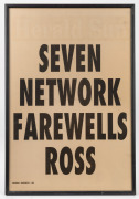 Three framed and glazed images relating to Ross Oakley's retirement - 'Ross Oakley This is Your Life' with dedication and signature by Ron Barassi and several others (53 x 41cm overall), 'Seven Network Farewells Ross' (41 x 61cm overall), and 'Congratulat - 3
