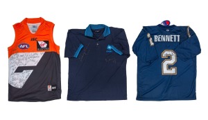 Greater Western Sydney guernsey signed by the full player list, together with SBS Sports polo signed by Johnny Warren and Les Murray, plus San Diego Chargers jersey signed by Darren Bennett. (3 items)