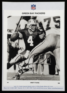 NFL: Action photo signed by legendary Green Bay Packers quarterback Brett Favre with the words 'To Ross, Brett Favre, 4', together with Ross' Green Bay Packers 'stock' certificate. (2 items)