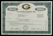 NFL: Action photo signed by legendary Green Bay Packers quarterback Brett Favre with the words 'To Ross, Brett Favre, 4', together with Ross' Green Bay Packers 'stock' certificate. (2 items) - 2