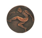 1984&nbsp;ESSENDON PREMIERSHIP MEDAL, with the front depicting a footballer by Andor Meszaros (1900-72, who had also designed 1956 Melbourne Olympics medals); the reverse showing the players names in their positions on the field, surrounded by text "Victorian 