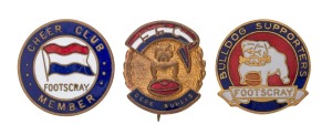 FOOTSCRAY FOOTBALL CLUB: A group of badges, comprising of a 1940s Footscray "CHEER CLUB" membership badge (#85, by K.G. Luke), 1950s "FFC" Club supporter's badge (by K.G. Luke), and circa 1980 "BULLDOG SUPPORTERS" badge (by Swann & Hudson), (3 items).