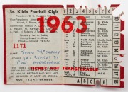 ST. KILDA FOOTBALL CLUB: 1963 Membership ticket (#1171) with fixture list, office bearers and holes punched for games attended. Issued in the name of John McCarthy. - 2