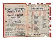 SOUTH MELBOURNE FOOTBALL CLUB: 1925 Membership ticket (#685) with fixture list and holes punched for games attended. Issued in the name of W. Tuck. - 2