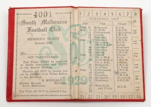 SOUTH MELBOURNE FOOTBALL CLUB: 1929 Membership ticket (#4001) with fixture list and holes punched for games attended.&nbsp;