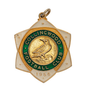 1956&nbsp;COLLINGWOOD&nbsp;FOOTBALL CLUB Membership fob in green and gold against a cream background. While identical in shape and appearance to the "normal" membership medallion, K.G. Luke & Co. appear to have been commissioned to create a proof for consideration 