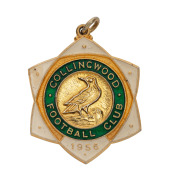 1956&nbsp;COLLINGWOOD&nbsp;FOOTBALL CLUB Membership fob in green and gold against a cream background. While identical in shape and appearance to the "normal" membership medallion, K.G. Luke & Co. appear to have been commissioned to create a proof for consideration 
