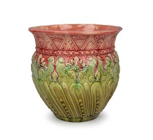 V.A.P. (VICTORIA ART POTTERY) green and pink glazed pottery jardiniere by WILLIAM FERRY, 19th/20th century, 27cm high.