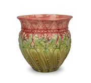 V.A.P. (VICTORIA ART POTTERY) green and pink glazed pottery jardiniere by WILLIAM FERRY, 19th/20th century, ​​​​​​​27cm high.