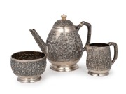 GRISH CHANDER DUTT fine quality antique Indian silver three piece tea service with impressive repousse decoration and ivory finial, 19th/20th century, stamped "GRISH CHANDER, BHOWANIPORE, CALCUTTA", the teapot 14cm high, 660 grams total.