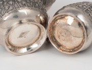 GRISH CHANDER DUTT fine quality antique Indian silver three piece tea service with impressive repousse decoration and ivory finial, 19th/20th century, stamped "GRISH CHANDER, BHOWANIPORE, CALCUTTA", the teapot 14cm high, 660 grams total. - 3