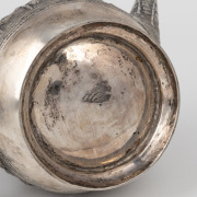 GRISH CHANDER DUTT fine quality antique Indian silver three piece tea service with impressive repousse decoration and ivory finial, 19th/20th century, stamped "GRISH CHANDER, BHOWANIPORE, CALCUTTA", the teapot 14cm high, 660 grams total. - 4