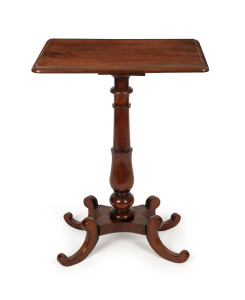 An antique English mahogany wine table with rectangular top, turned column and platform base resting on four scrolling feet, circa 1835, 77cm high, 56cm wide, 40cm deep