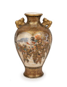 SATSUMA antique Japanese earthenware vase adorned with samurai and geisha vignettes, Meiji Period, 19th/20th century, black and gilt seal mark to base, 12cm high.