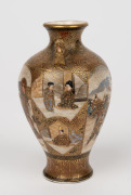 SATSUMA antique Japanese earthenware vase adorned with samurai and geisha vignettes, Meiji Period, 19th/20th century, black and gilt seal mark to base, 12cm high. - 2