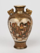 SATSUMA antique Japanese earthenware vase adorned with samurai and geisha vignettes, Meiji Period, 19th/20th century, black and gilt seal mark to base, 12cm high. - 3