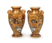 SATSUMA pair of antique Japanese earthenware miniature vases, Meiji Period, 19th/20th century, red and gilt seal mark to the bases, 9cm high.