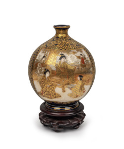 SATSUMA fine quality antique Japanese earthenware vase, with carved wooden stand, Meiji Period, 19th/20th century, 11.5cm high, 14.5cm overall.
