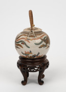 SATSUMA fine quality antique Japanese earthenware teapot with phoenix decoration, with carved wooden stand, Meiji Period, 19th century, 12cm high including handle, 19.5cm overall. - 2