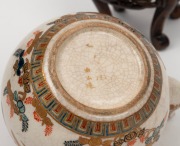 SATSUMA fine quality antique Japanese earthenware teapot with phoenix decoration, with carved wooden stand, Meiji Period, 19th century, 12cm high including handle, 19.5cm overall. - 5