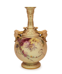ROYAL WORCESTER antique English porcelain vase with hand-painted floral decoration, gilded highlights and mask head handles, 19th century, puce factory mark to base, 26cm high