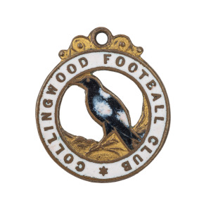 COLLINGWOOD FOOTBALL CLUB: circa 1920 Member's fob in brass and enamel, with "COLLINGWOOD FOOTBALL CLUB" around the rim on the obverse; made by C.Thomas stamped verso. The only example we have offered; purchased from our May 2016 auction for $3,968 (in