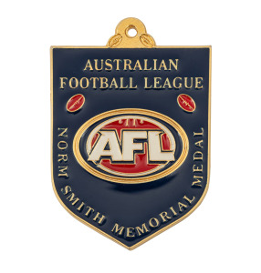 NORM SMITH MEMORIAL MEDAL PROOF: A 2000 Proof of the redesigned Norm Smith Medal with the new Millenium-style AFL logo, from the collection of sculptor/die-sinker Jeff Rae, who signed the Certificate of Authenticity that accompanied this medal when it was acquired by the present vendor at auction in June 2014.