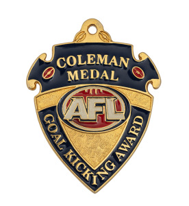 COLEMAN MEDAL PROOF: A 2000 Proof of the redesigned Coleman Medal with the new Millenium-style AFL logo, from the collection of sculptor/die-sinker Jeff Rae, who signed the Certificate of Authenticity that accompanied this medal when it was acquired by th
